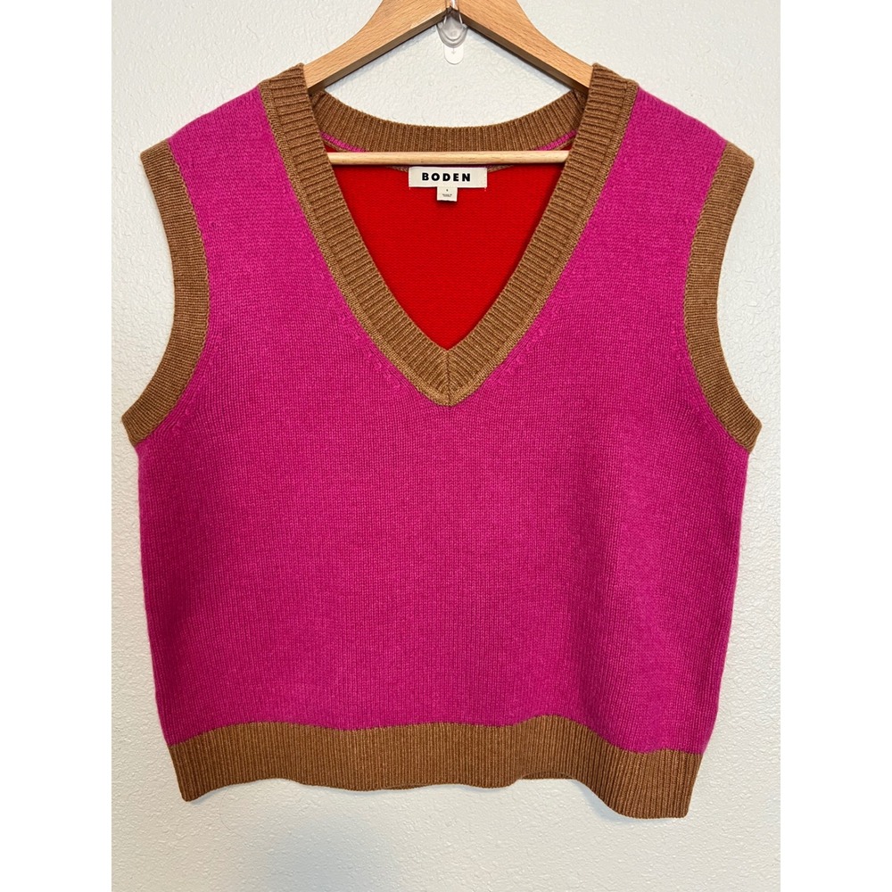 Boden Womens Pink Red Colorblock 100% Wool V-Neck Sweater Vest Size S K0876